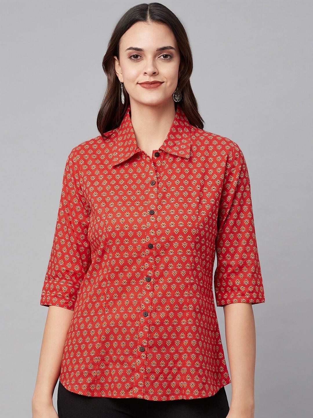 

KALINI Comfort Ethnic Motifs Printed Cotton Casual Shirt, Red