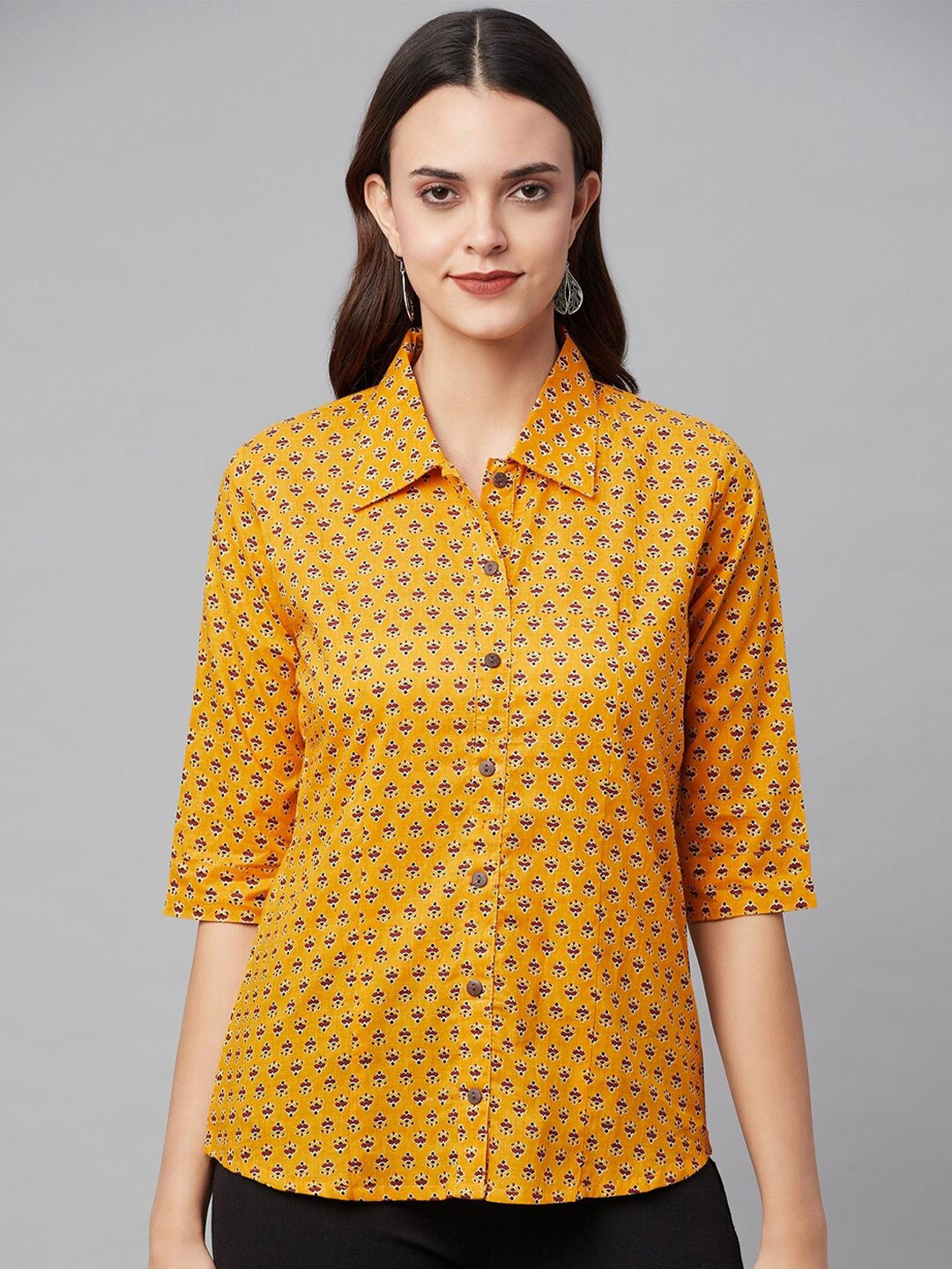 

KALINI Comfort Ethnic Motifs Printed Cotton Casual Shirt, Yellow