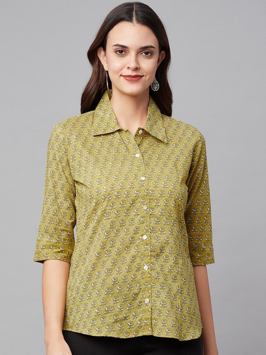 KALINI Comfort Floral Printed Cotton Casual Shirt, Green