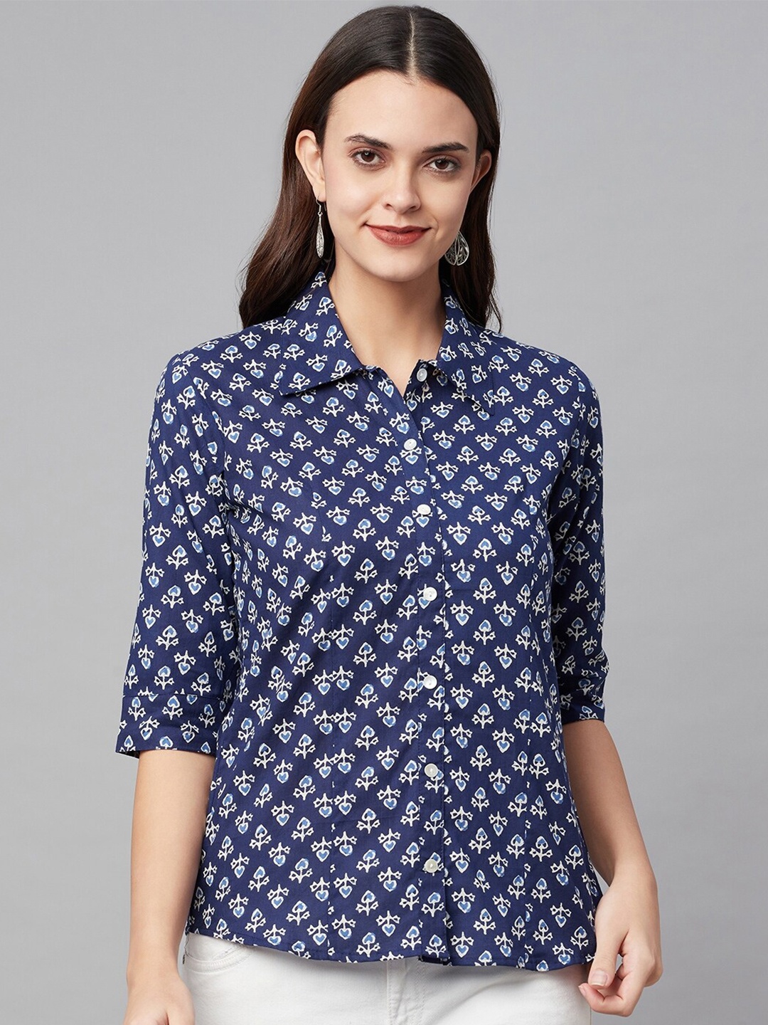 

KALINI Comfort Ethnic Motifs Printed Cotton Casual Shirt, Blue