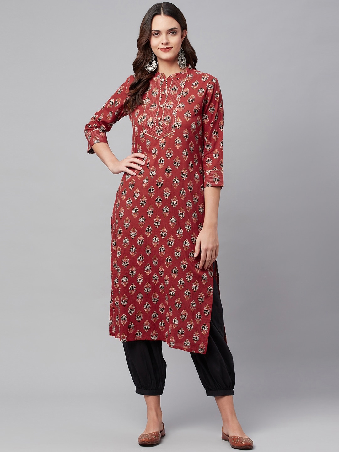 

KALINI Ethnic Motifs Printed Mandarin Collar Cotton Straight Kurta, Red