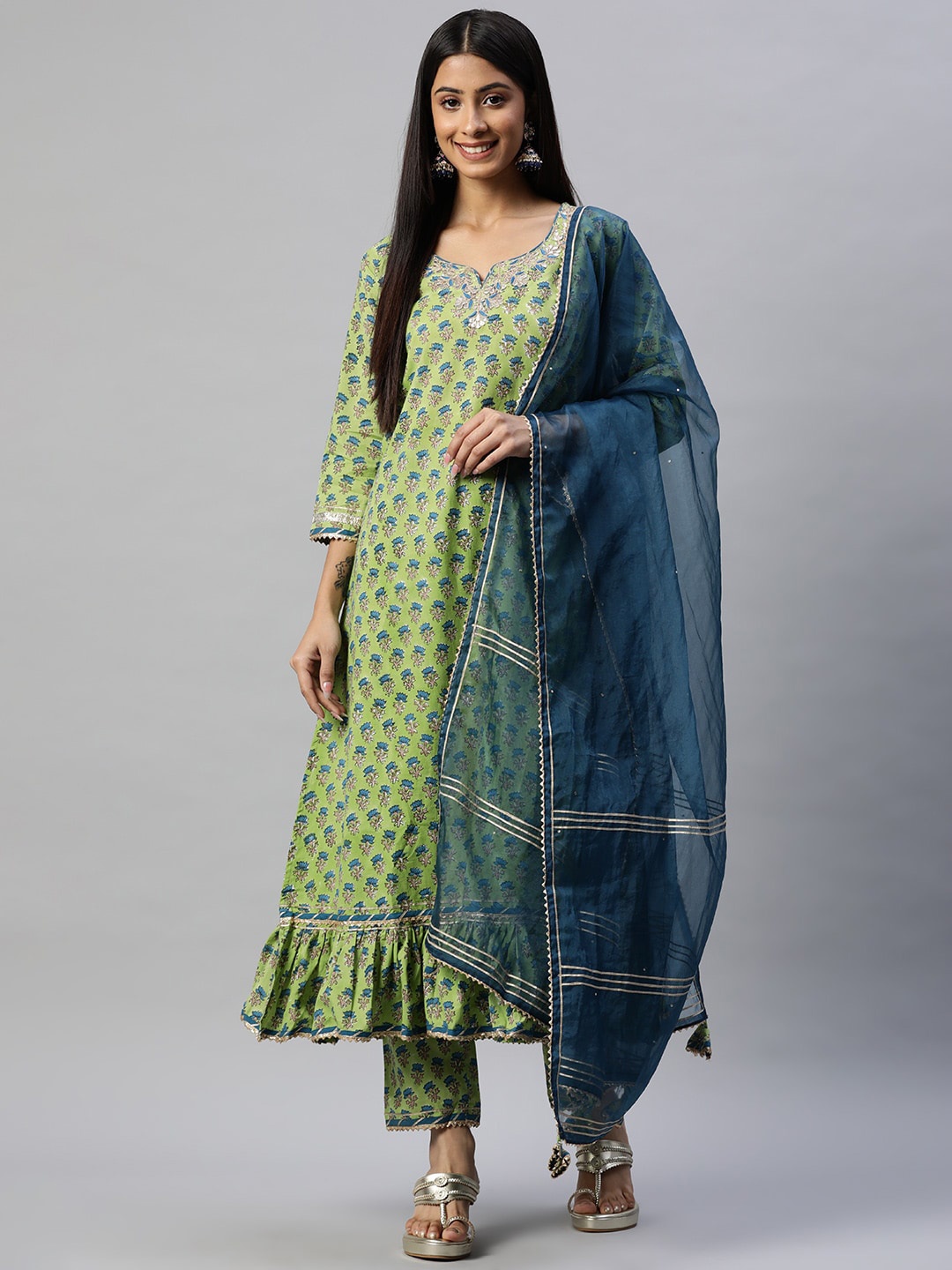 

KALINI Floral Printed Anarkali Pure Cotton Kurta With Trousers & Dupatta, Green