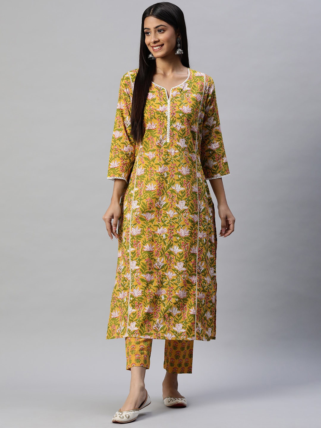 

KALINI Floral Printed Pure Cotton Straight Kurta With Trouser, Yellow
