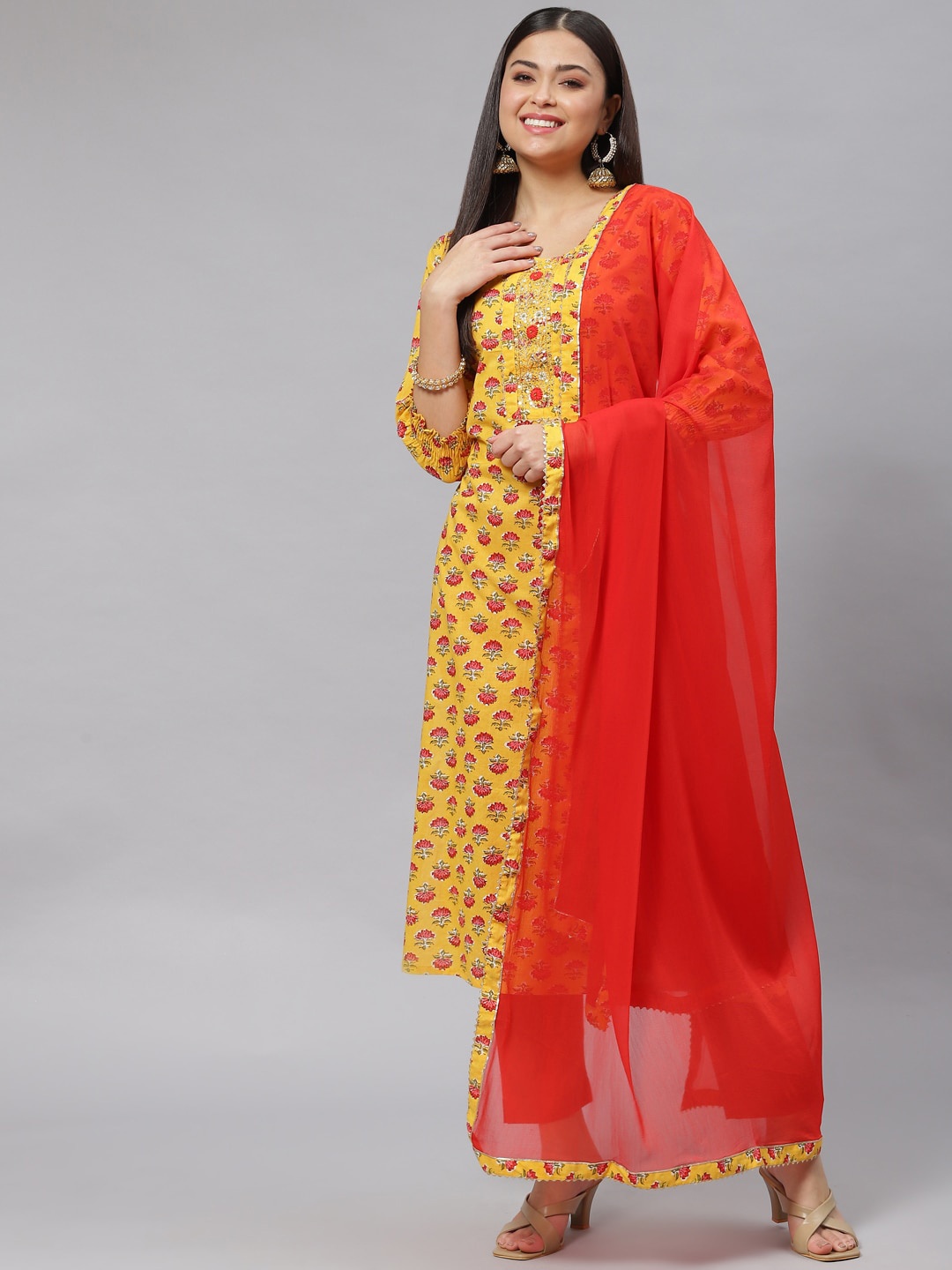 

KALINI Ethnic Motifs Printed Gotta Patti Pure Cotton Straight Kurta & Trouser With Dupatta, Yellow