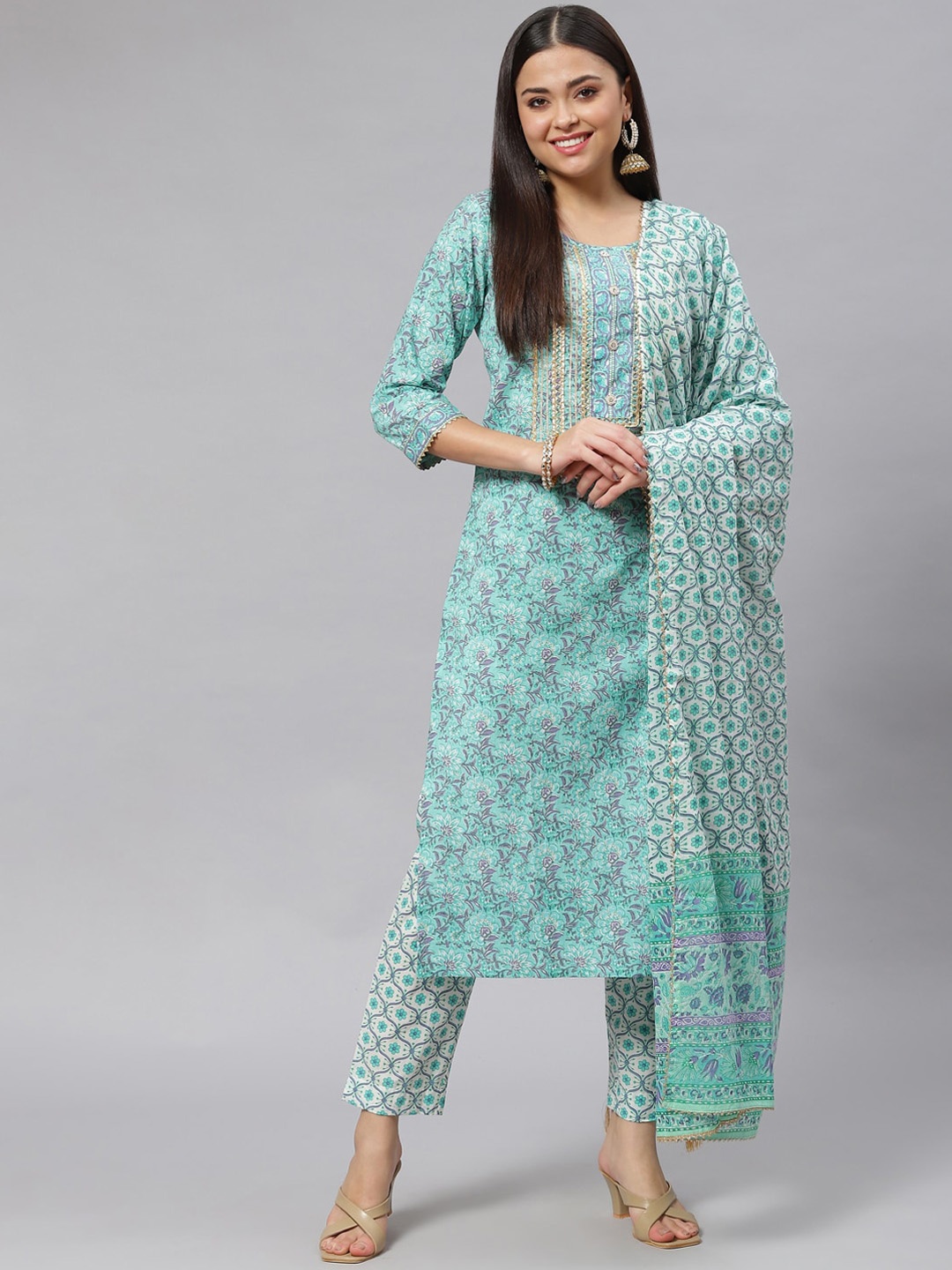 

KALINI Floral Printed Gotta Patti Pure Cotton Kurta with Trousers & Dupatta, Sea green