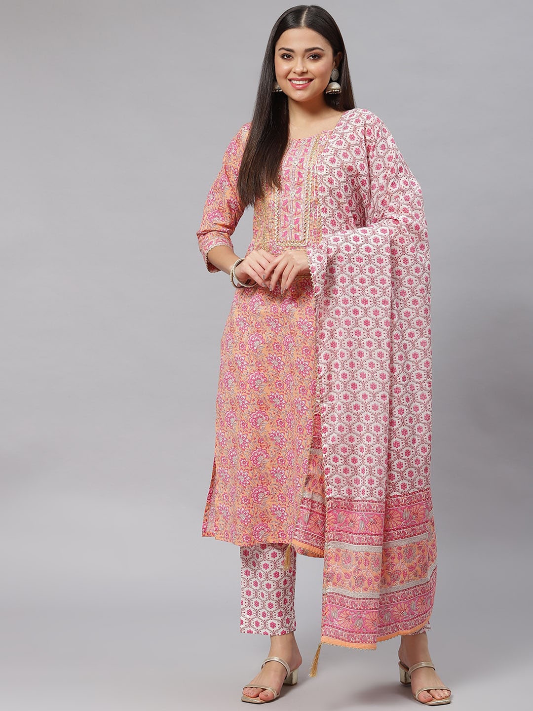 

KALINI Floral Printed Gotta Patti Pure Cotton Straight Kurta With Trousers & Dupatta, Pink