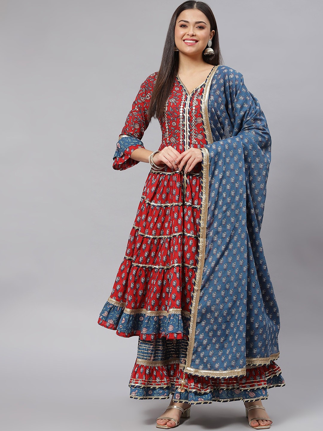 

KALINI Floral Printed Layered Gotta Patti Pure Cotton Kurta With Sharara & Dupatta, Maroon