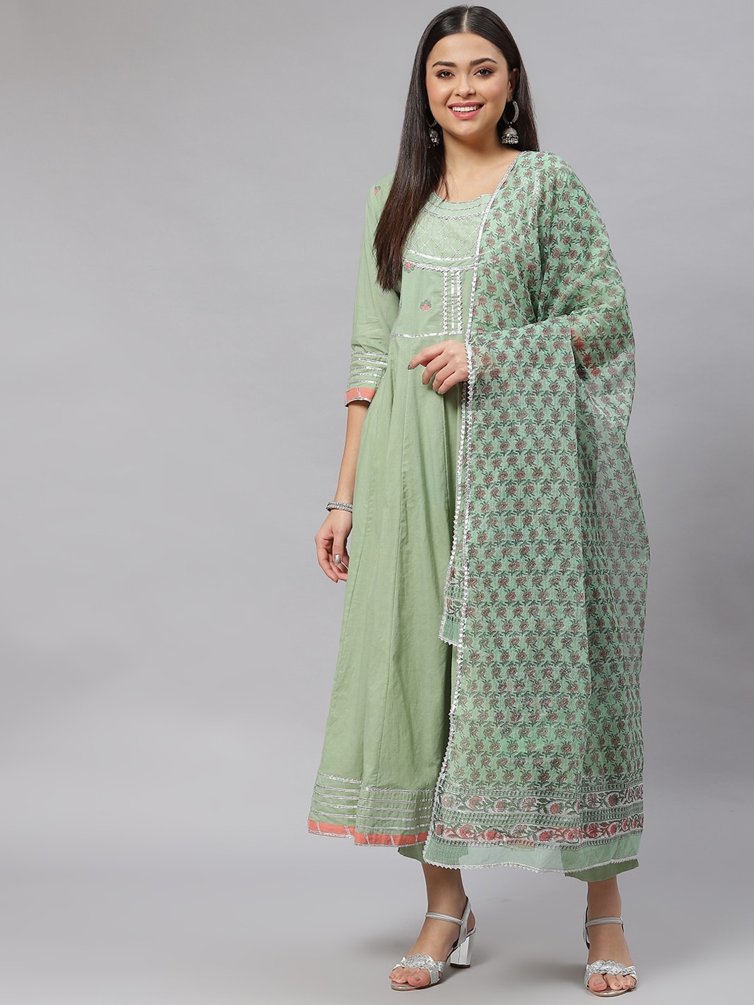 

KALINI Gotta Patti Pure Cotton Anarkali Kurta With Trousers & Dupatta, Green