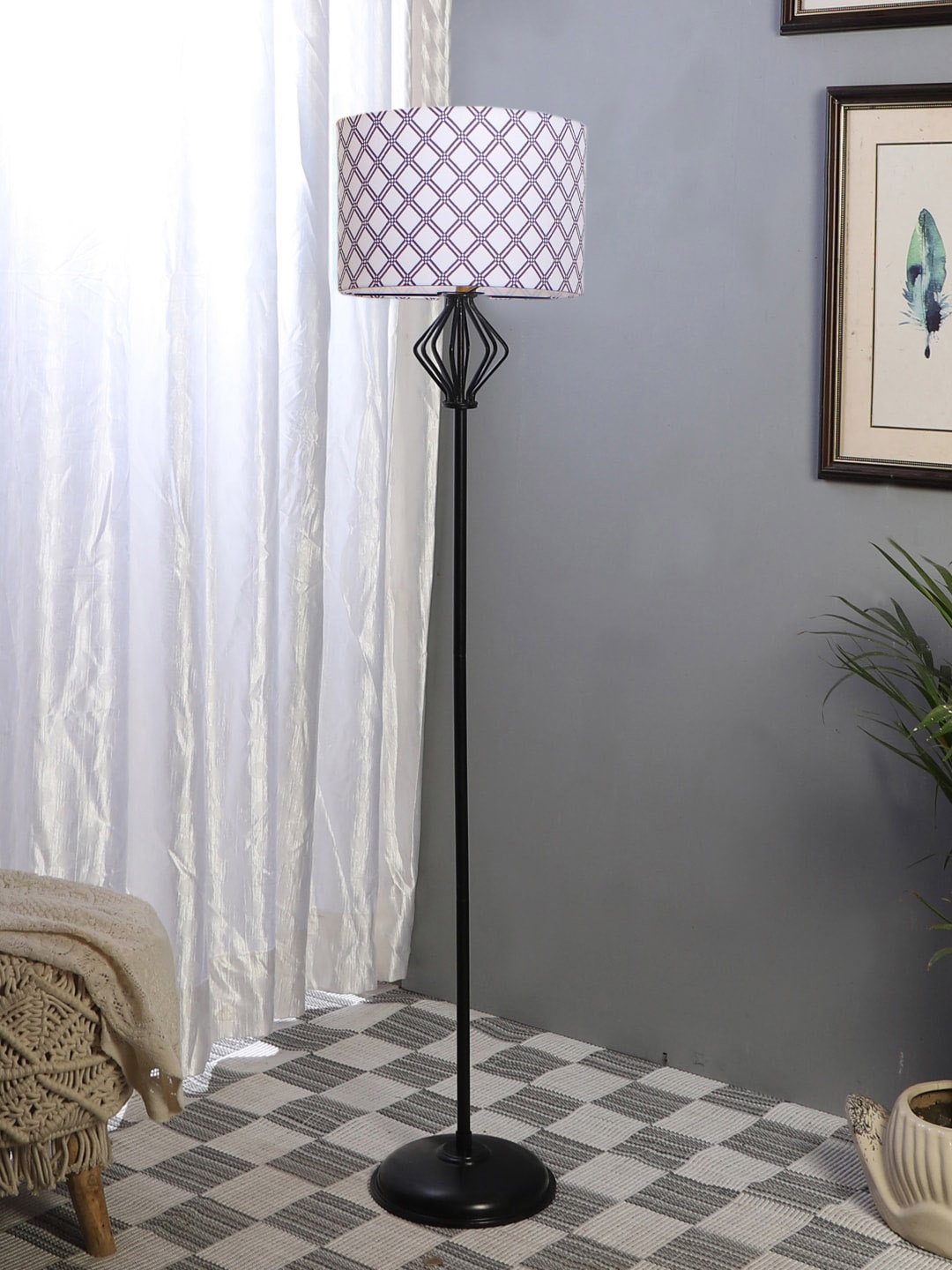 

Devansh White & Black Printed Cotton Cylinder Shaped Iron Floor Lamp