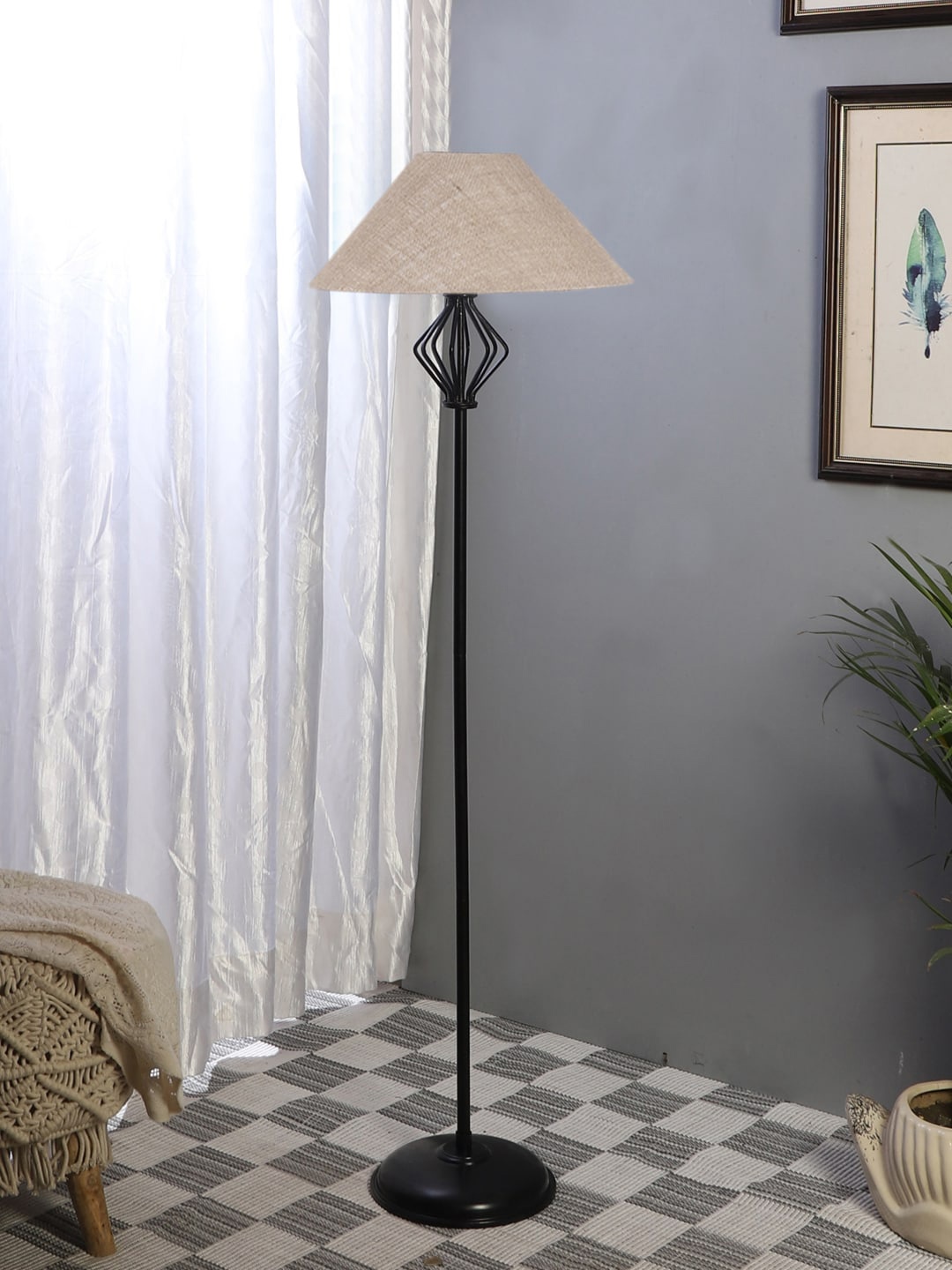 

Devansh Beige & Black Textured Frustum Shape Floor Lamp With Jute Shade
