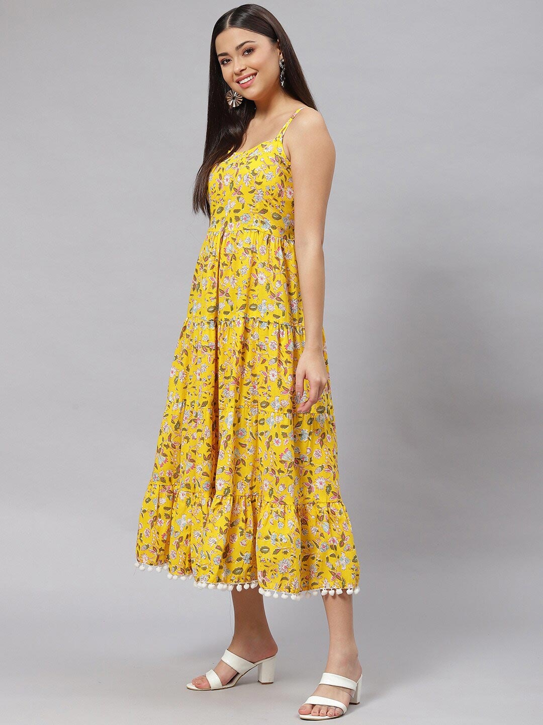 

KALINI Floral Printed Shoulder Straps Pom-Pom Detail Tiered A-Line Midi Dress, Yellow