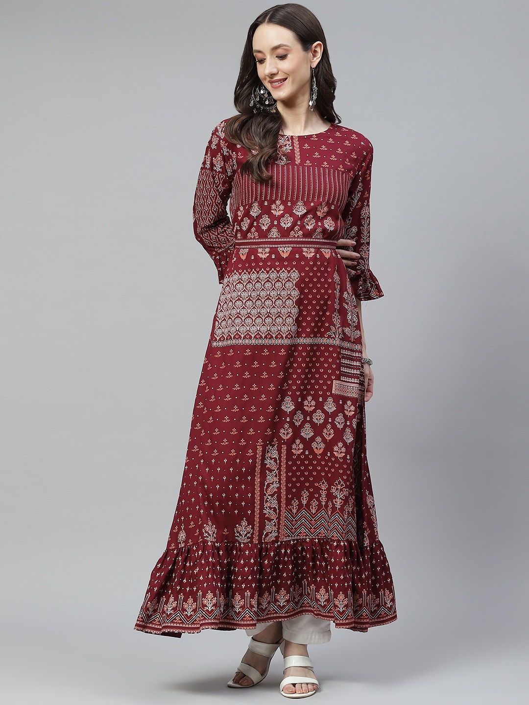 

KALINI Ethnic Motifs Printed Bell Sleeves A-Line Kurta, Maroon