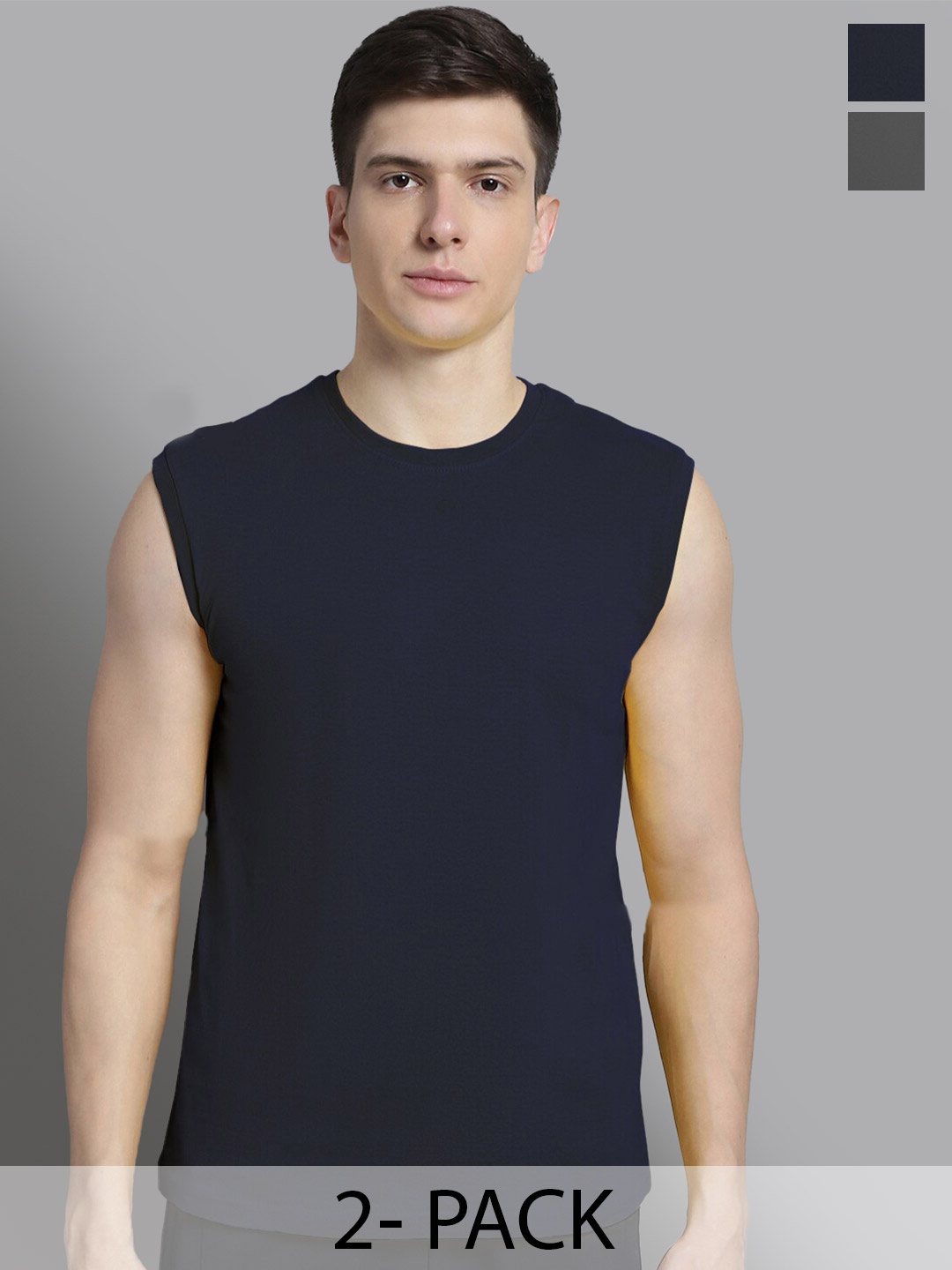 

FBAR Pack Of 2 Round Neck Sleeveless Cotton Regular T-shirt, Navy blue