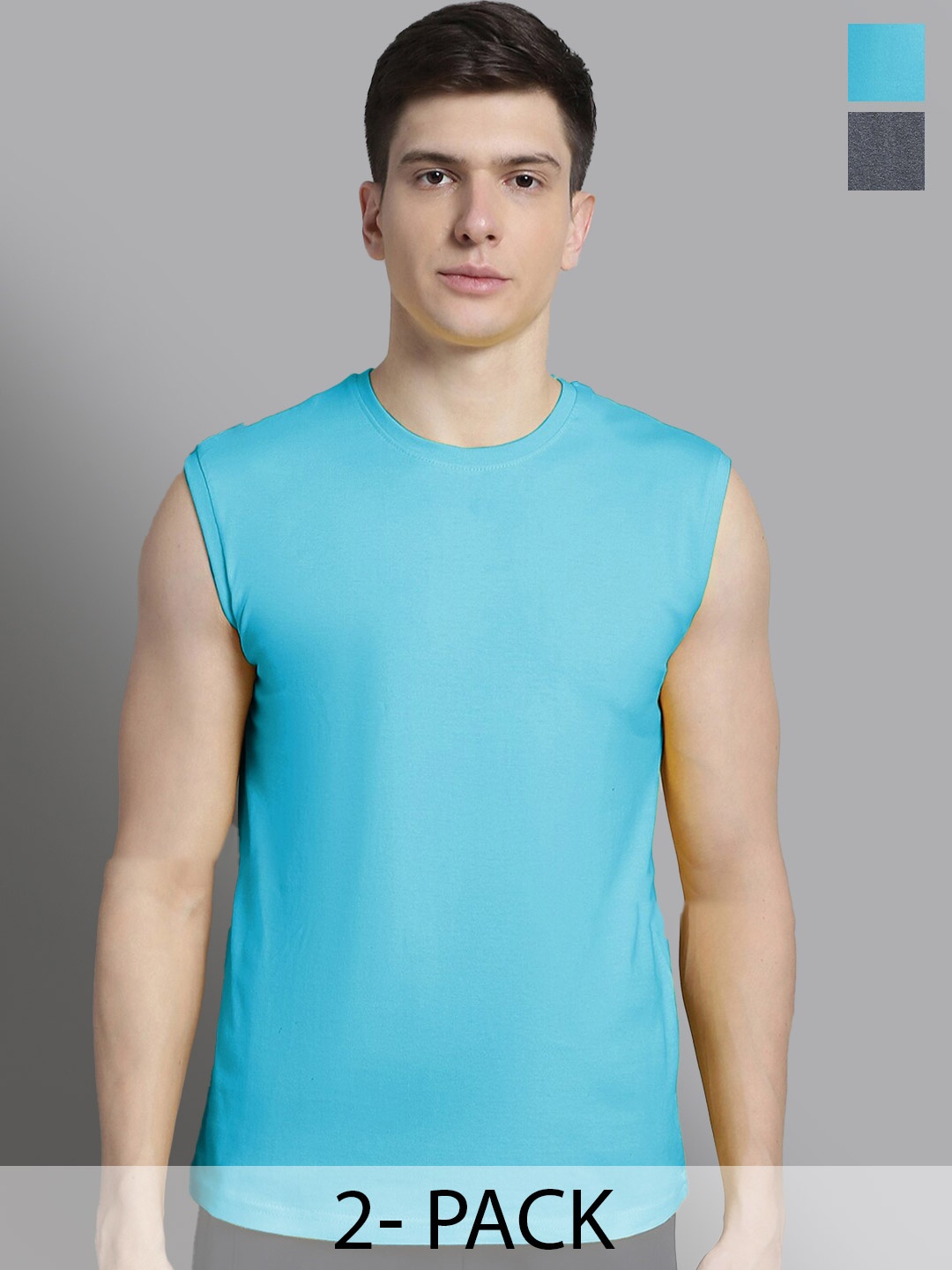 

FBAR Pack Of 2 Sleeveless Antimicrobial Cotton T-shirts, Turquoise blue