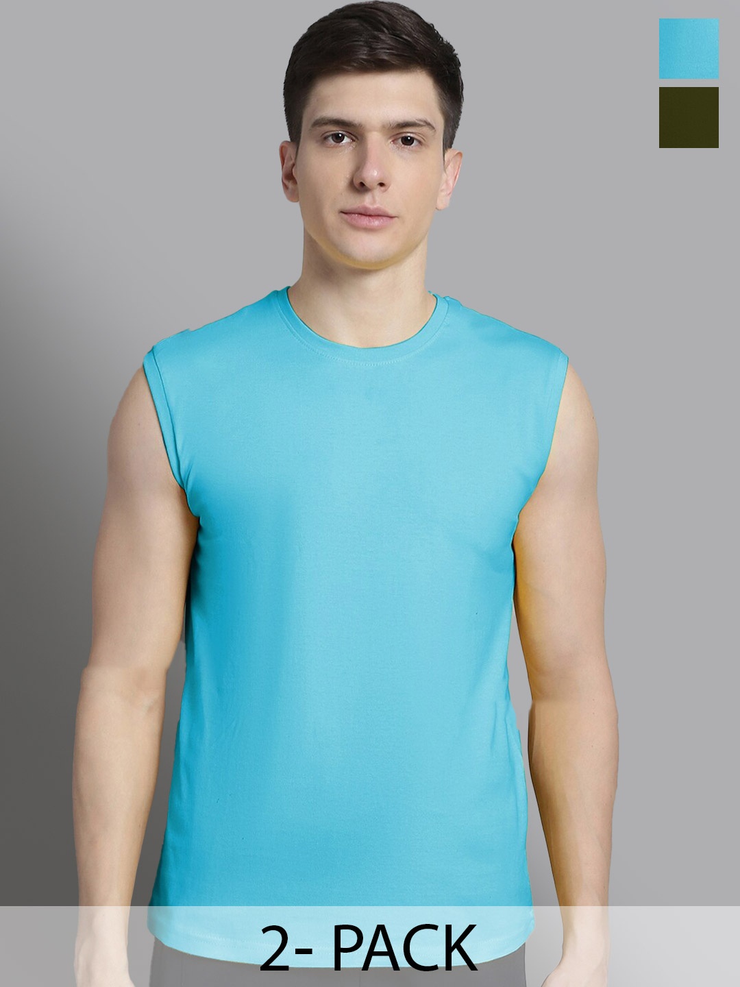 

FBAR Pack Of 2 Round Neck Sleeveless Cotton Regular T-shirt, Turquoise blue
