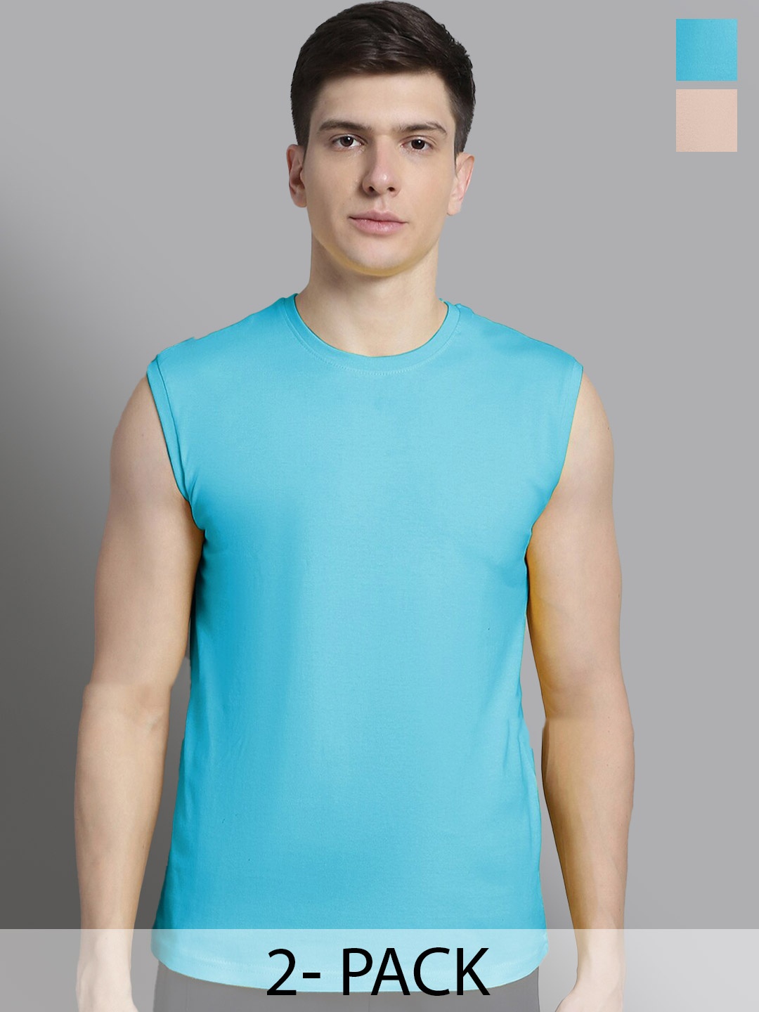 

FBAR Pack Of 2 Sleeveless Antimicrobial Cotton T-shirts, Turquoise blue