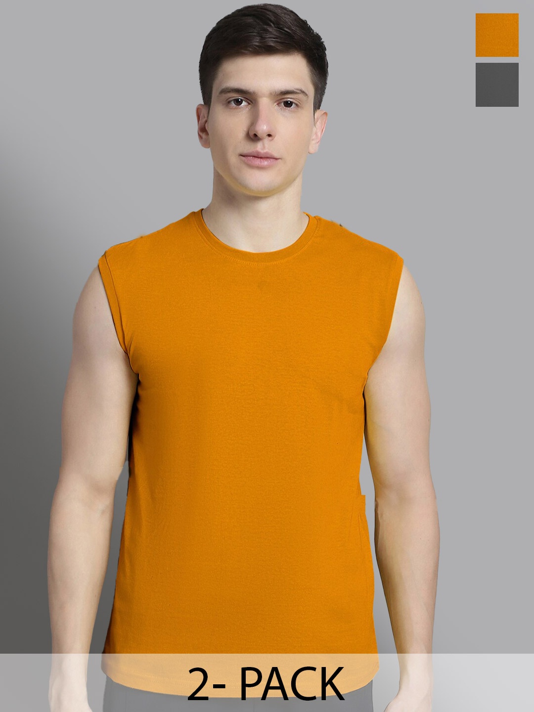

FBAR Pack Of 2 Round Neck Pure Cotton T-shirt, Mustard