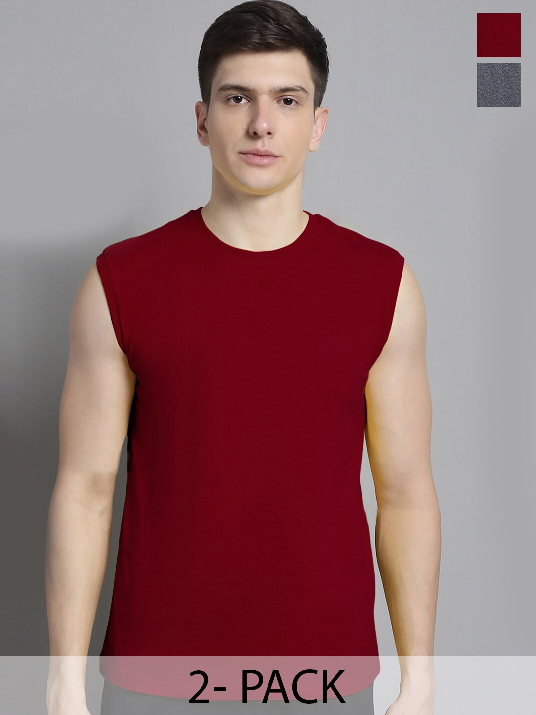 

FBAR Pack Of 2 Round Neck Sleeveless Cotton Regular T-shirt, Maroon