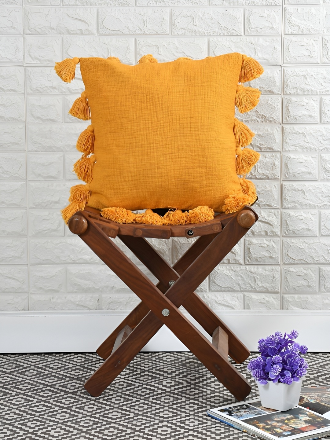 

HOMADORN Mustard Square Cotton Cushion Cover