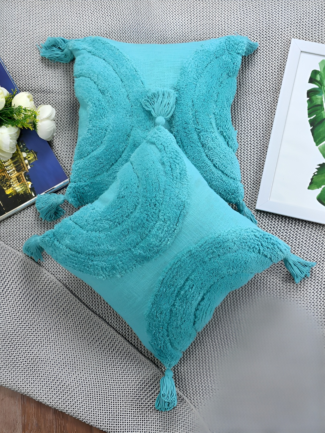 

HOMADORN Rust Pieces 2 Cotton Square Cushion Covers, Turquoise blue