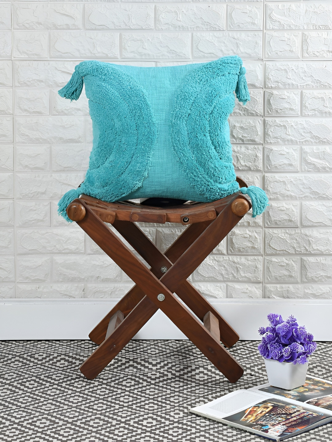 

HOMADORN Turquoise Blue Self Design Cotton Square Cushion Cover with Tassels