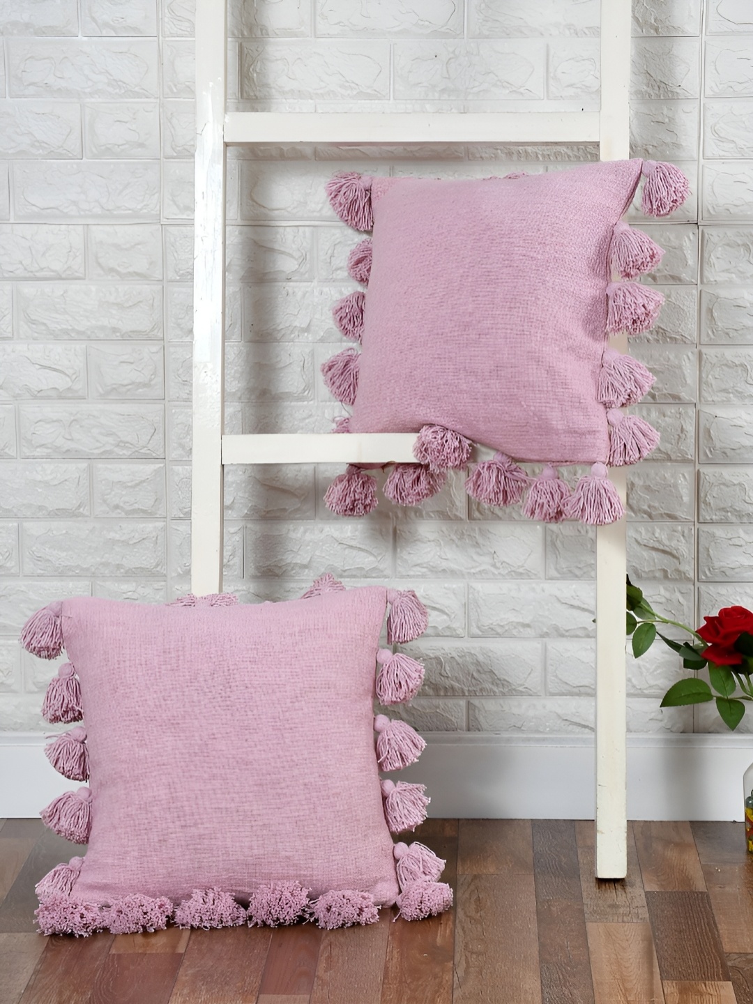 

HOMADORN Lavender 2 Pieces Self Design Cotton Square Cushion Covers with Tassels