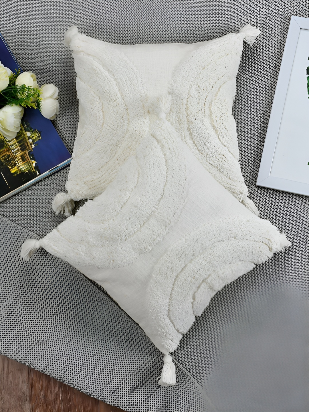 

HOMADORN White 2 Pieces Self Design Cotton Square Cushion Covers