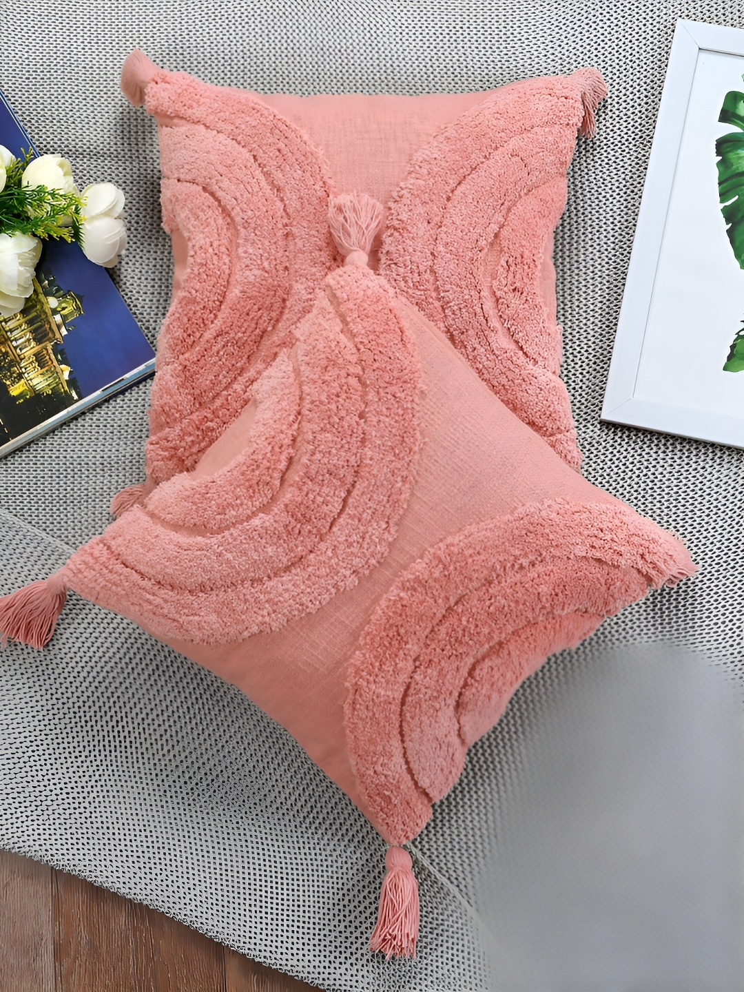 

HOMADORN Peach 2 Pieces Self Design Cotton Square Cushion Covers