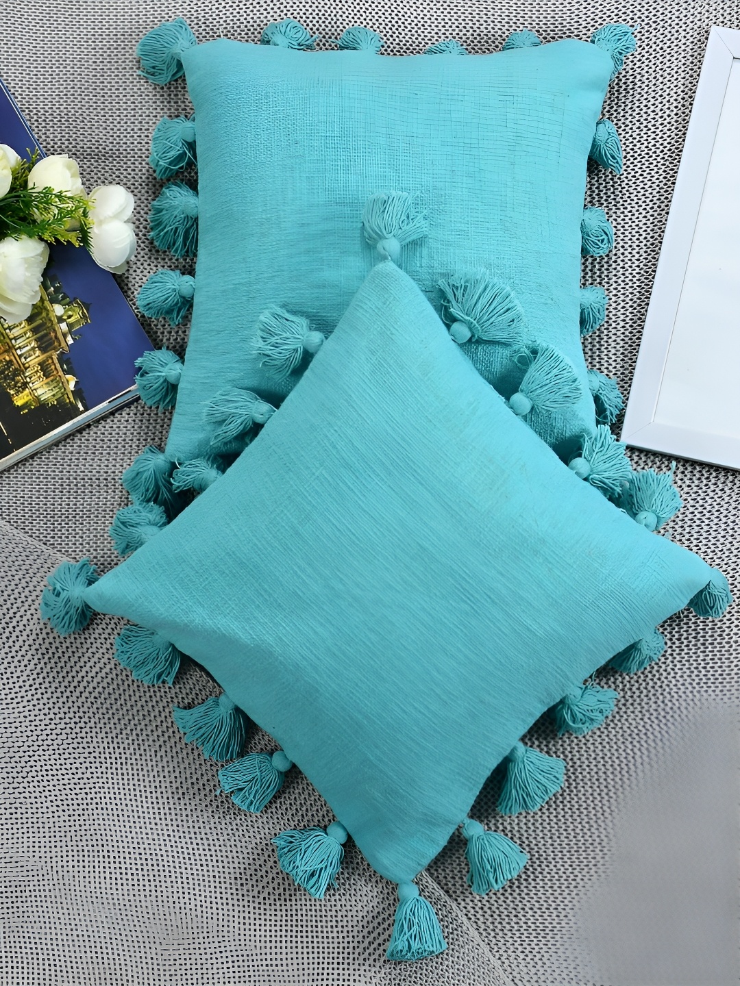 

HOMADORN Turquoise Blue 2 Pieces Cotton Square Cushion Covers With Tassels