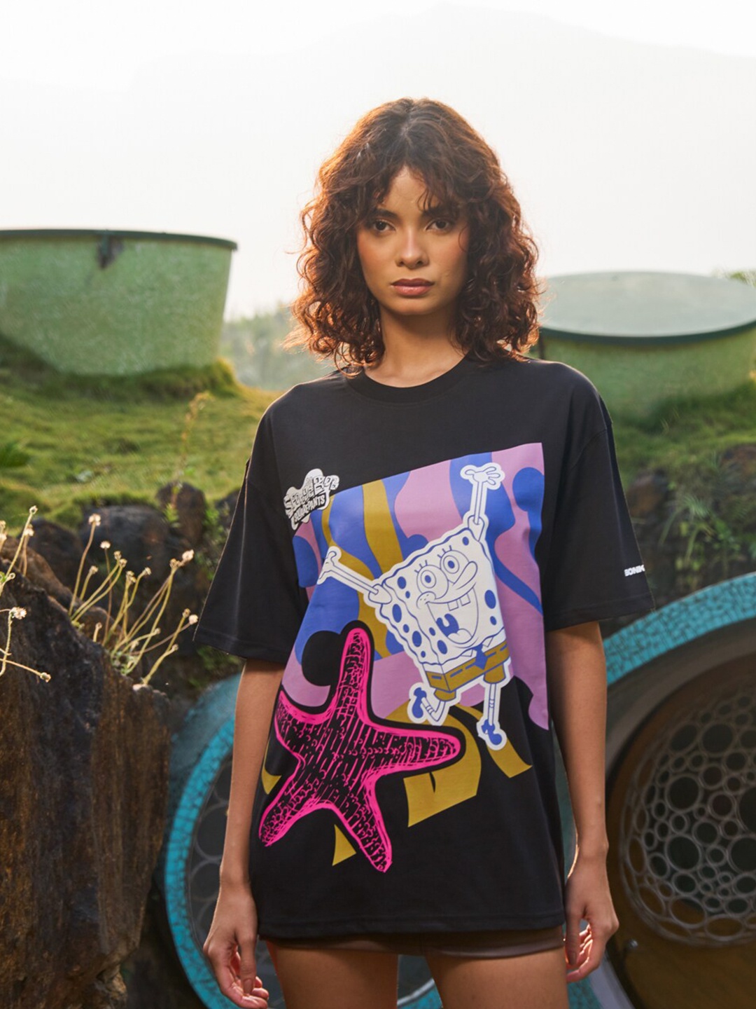 

Bonkers Corner Sponge Bob Printed Pure Cotton Oversized T-shirt, Black