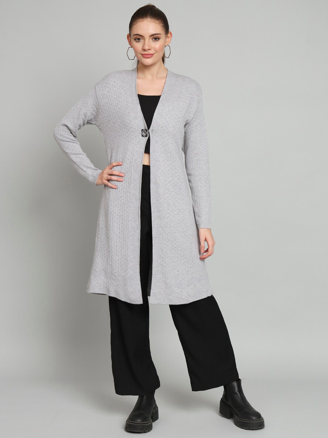 

Chemistry Self Design Longline Woollen Open Front Shrug, Grey