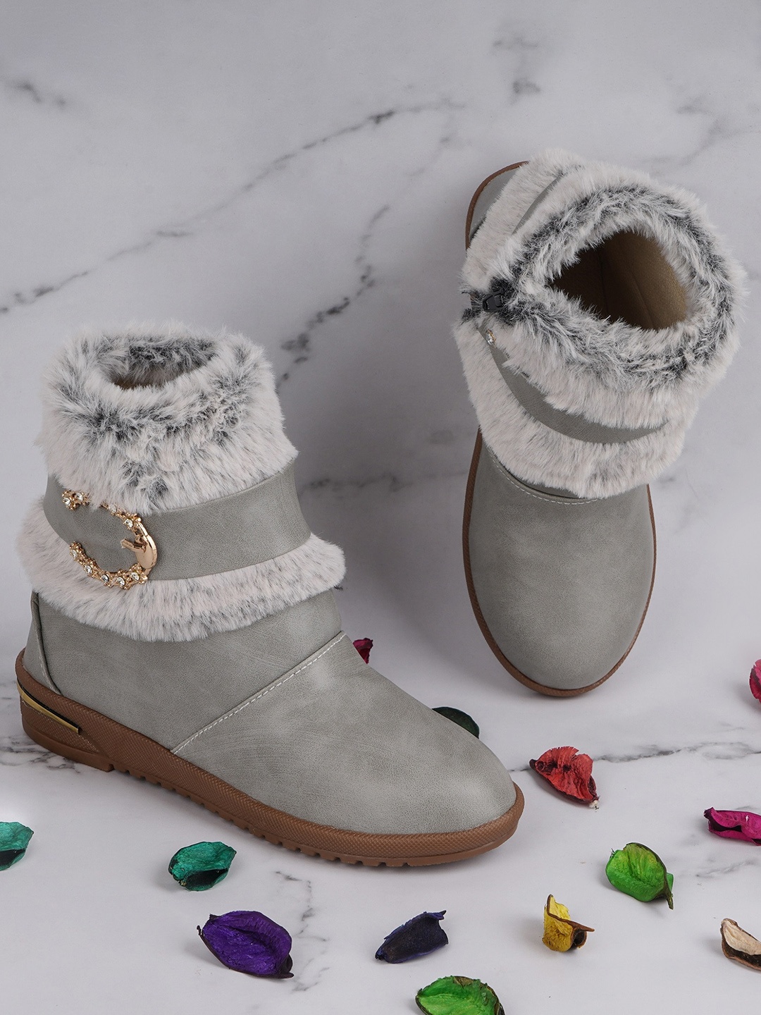 

BAESD Girls Buckle Embellished Faux Fur Trim Mid-Top Winter Boots, Grey