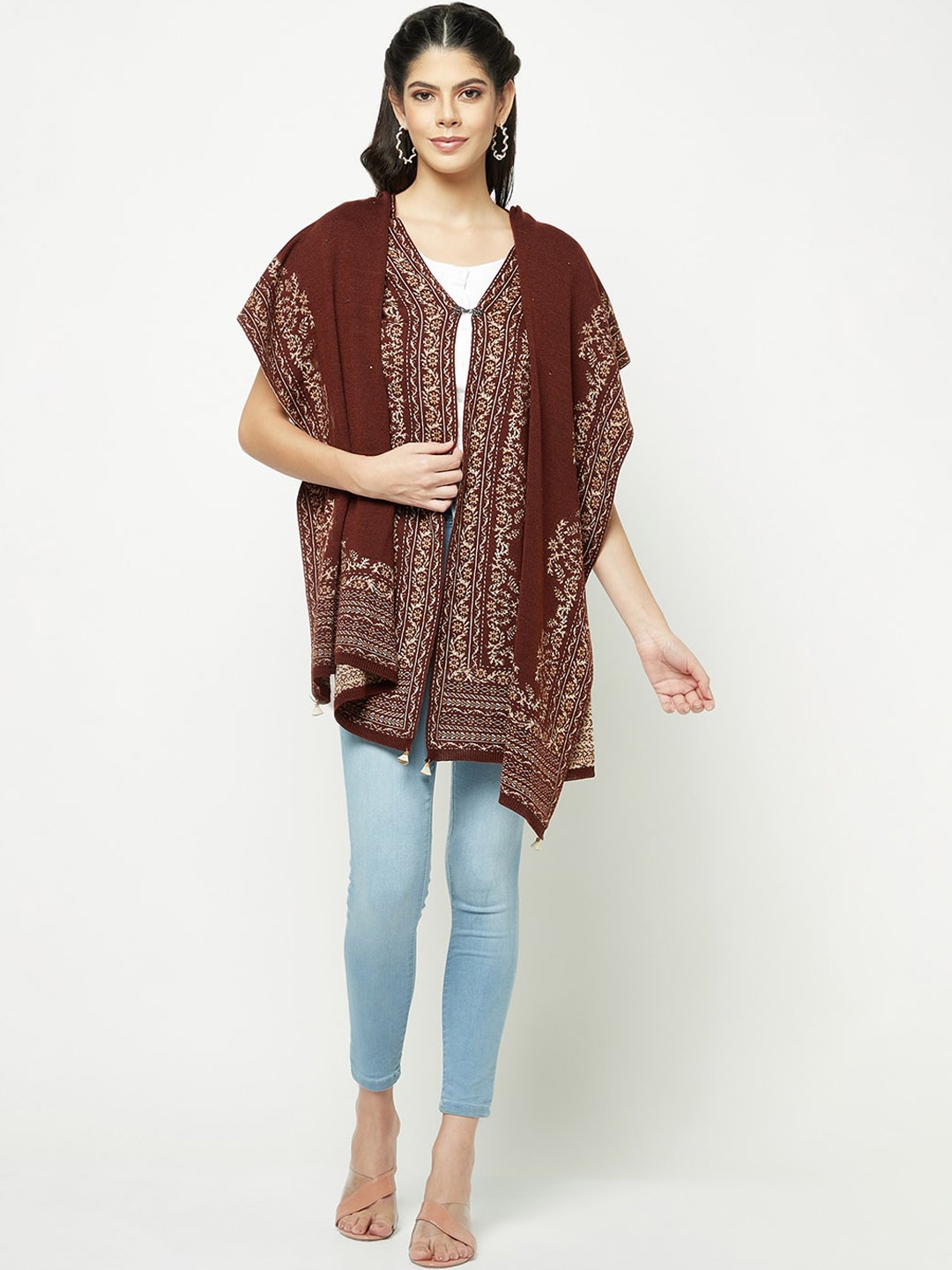 

Knitstudio Ethnic Motifs Self Design Knitted Shawl, Brown