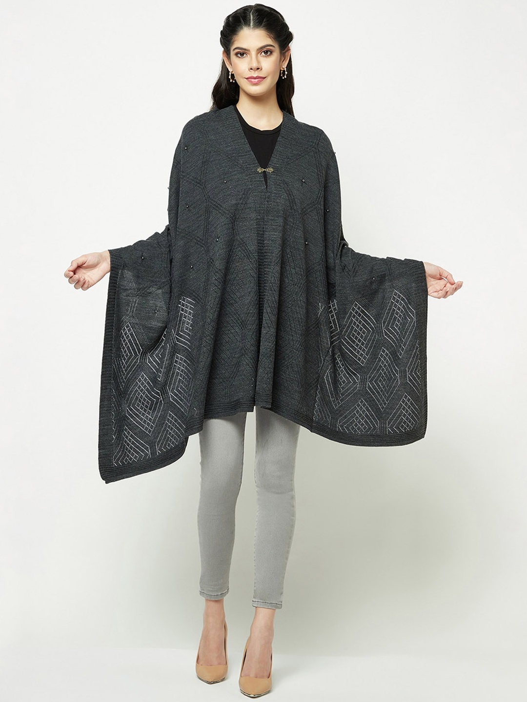 

Knitstudio Women Self Design Knitted Shawl, Grey