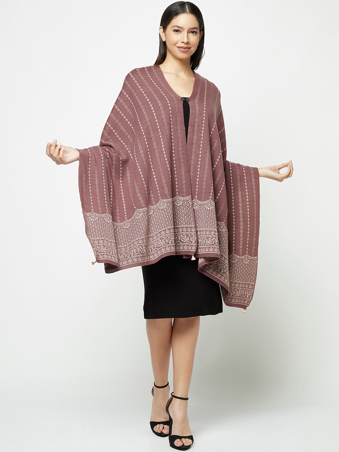 

Knitstudio Ethnic Motifs Woven Design Woollen Acrylic Button Shawl, Purple