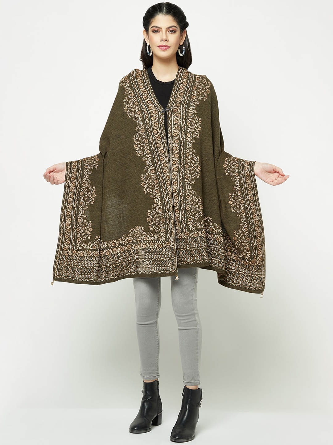 

Knitstudio Ethnic Motifs Self Design Knitted Shawl, Olive
