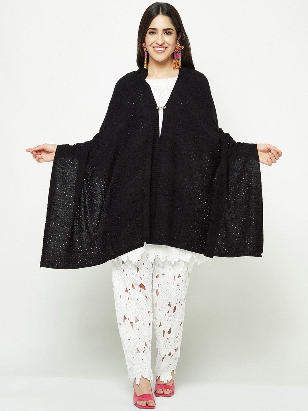 

Knitstudio Women Self-Design Wool Acrylic Shawl, Black