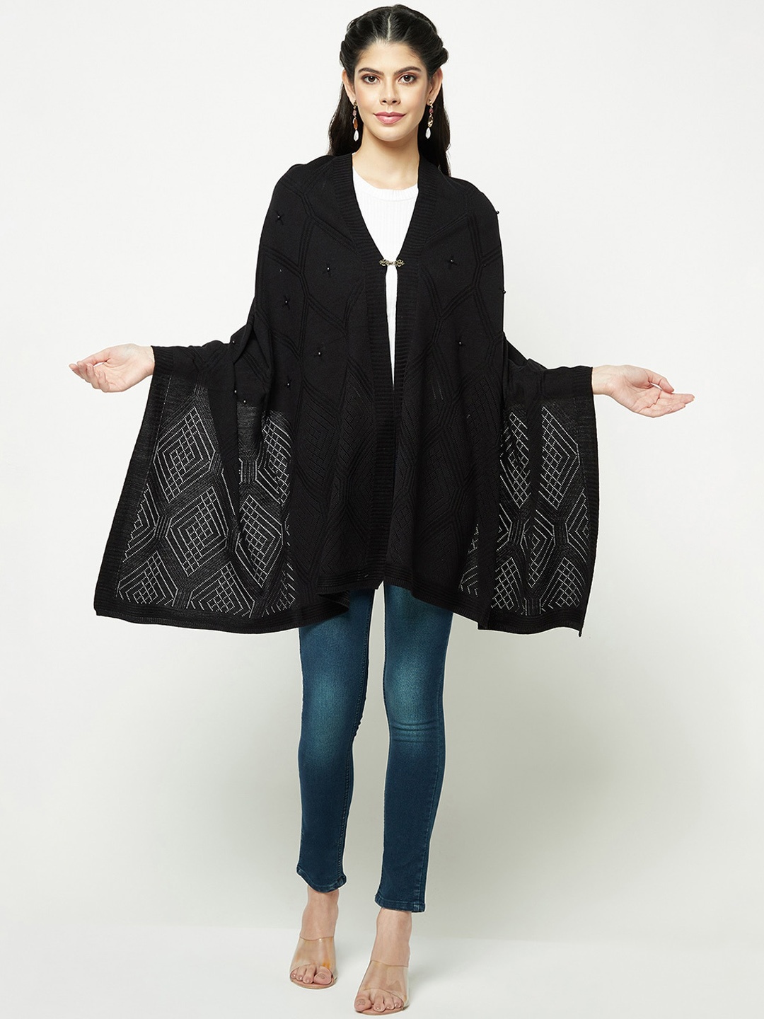 

Knitstudio Geometric Woven Design Woollen Acrylic Button Shawl, Black