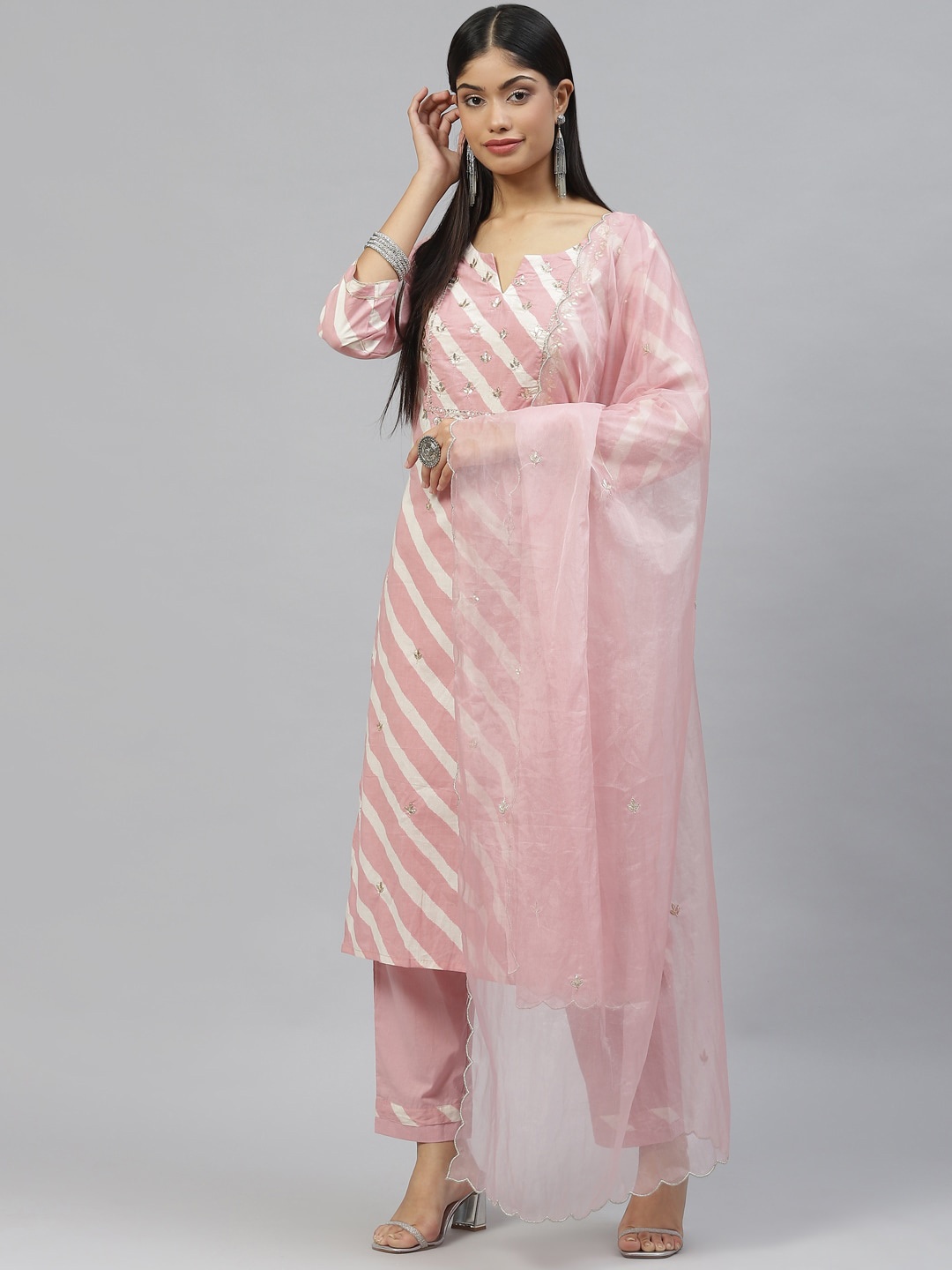 

KALINI Leheriya Printed Gotta Patti Pure Cotton Straight Kurta & Trouser With Dupatta, Pink