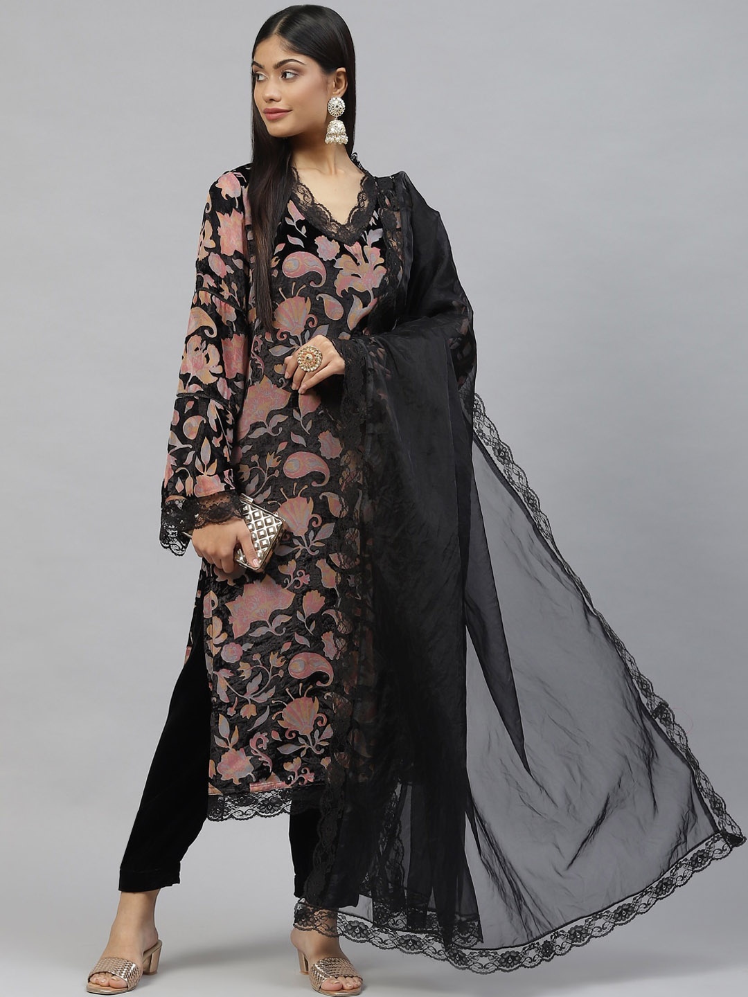 

KALINI Floral Printed Straight Velvet Kurta With Harem Pants & Dupatta, Black