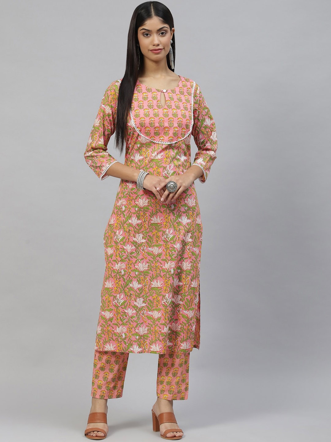 

KALINI Floral Printed Keyhole Neck Pure Cotton Straight Kurta with Trousers, Pink