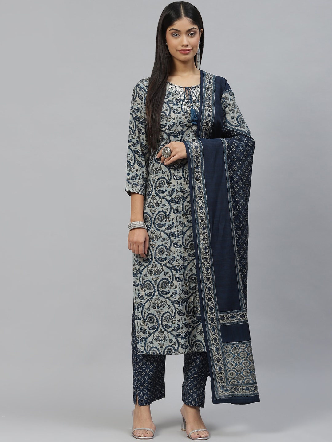 

KALINI Ethnic Motifs Printed Regular Embroidered Kurta with Trousers & Dupatta, Grey