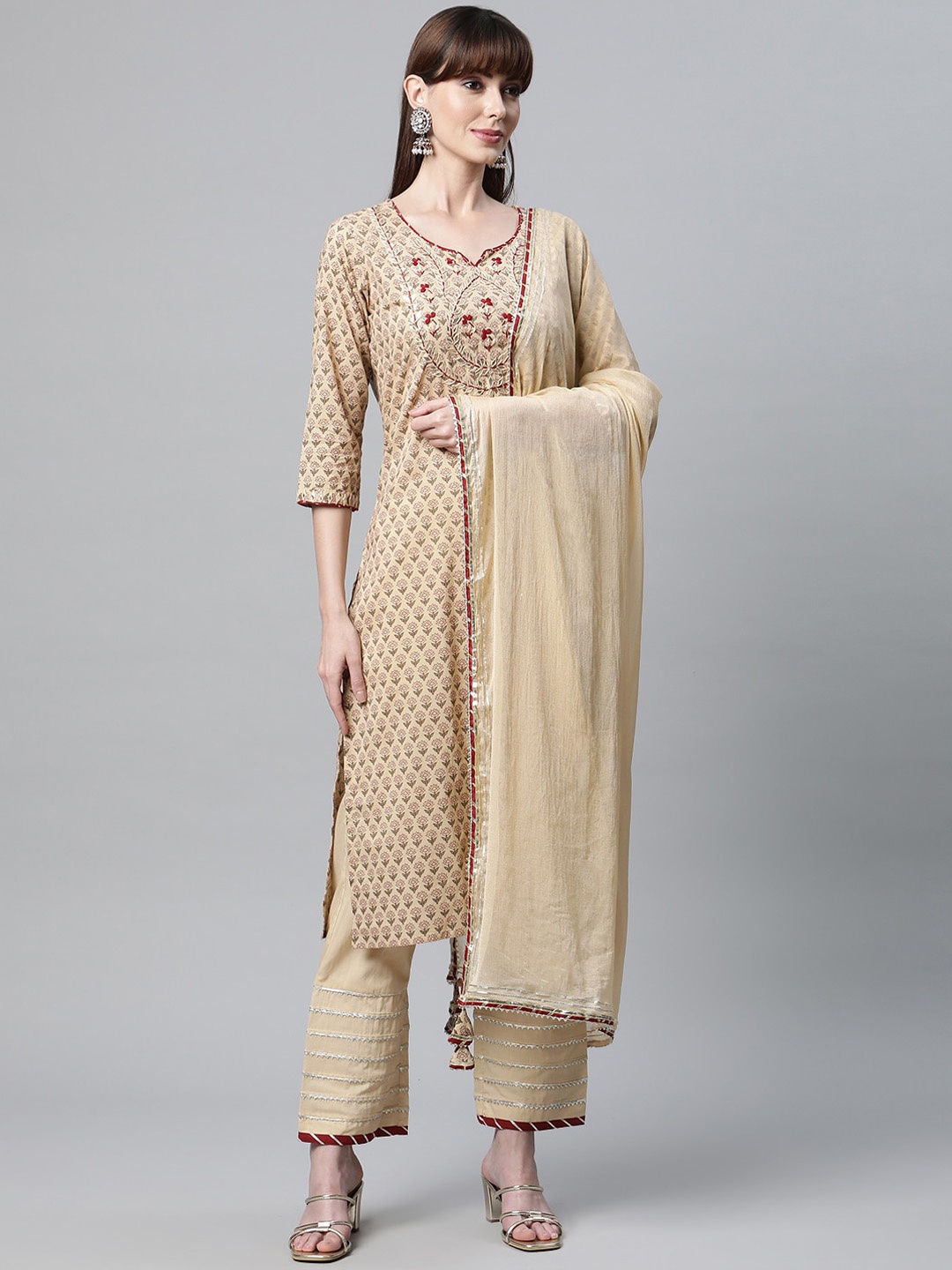 

KALINI Floral Printed Thread Work Pure Cotton Kurta with Trousers & Dupatta, Beige