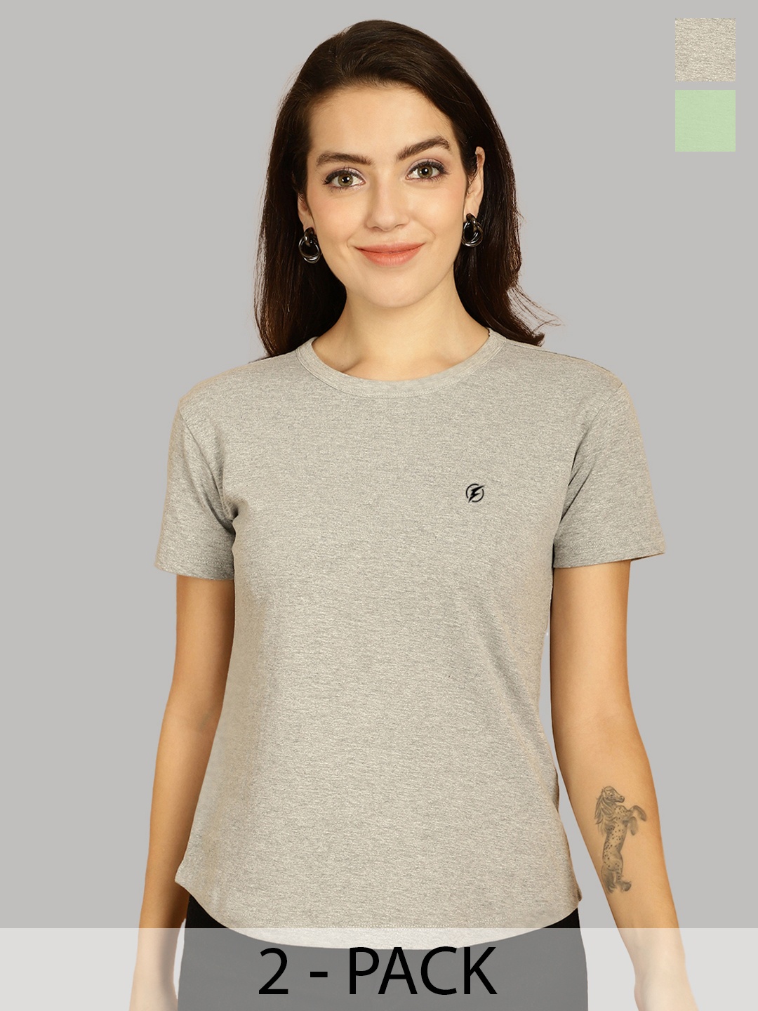 

Friskers Women Grey & Sea Green 2 Slim Fit T-shirt