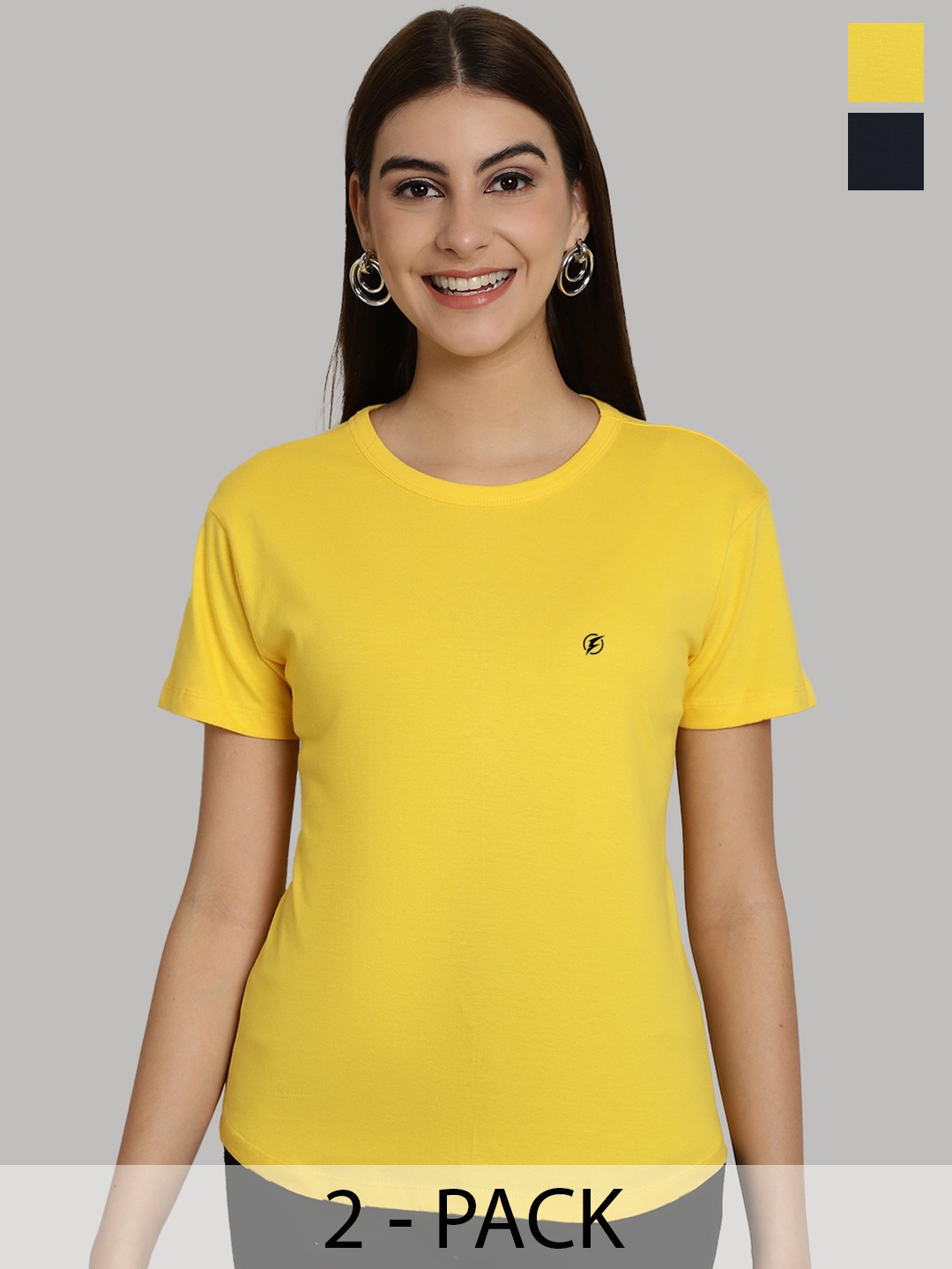 

Friskers Women Yellow & Navy Blue 2 Slim Fit T-shirt
