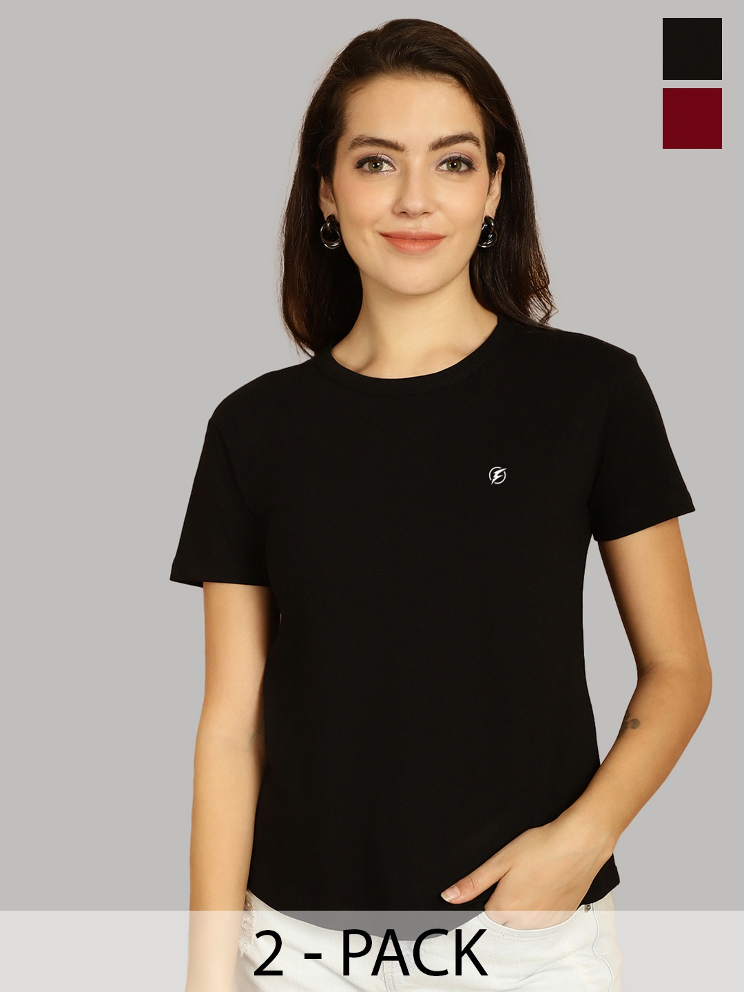 

Friskers Women Black & Maroon 2 Slim Fit T-shirt