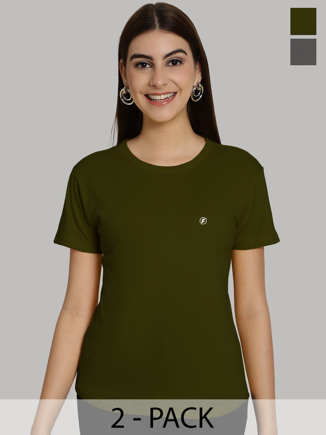 

Friskers Women Olive Green & Grey 2 Slim Fit T-shirt