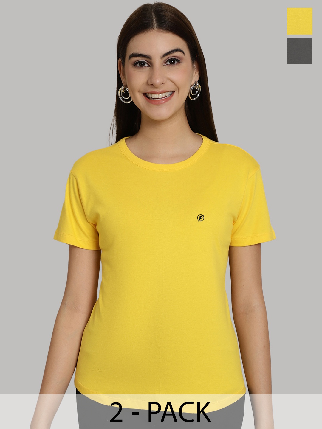 

Friskers Women Yellow & Grey 2 Slim Fit T-shirt