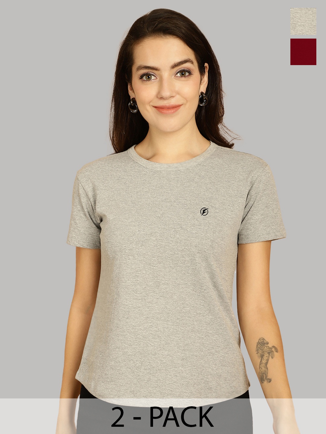 

Friskers Women Grey & Maroon 2 Slim Fit T-shirt