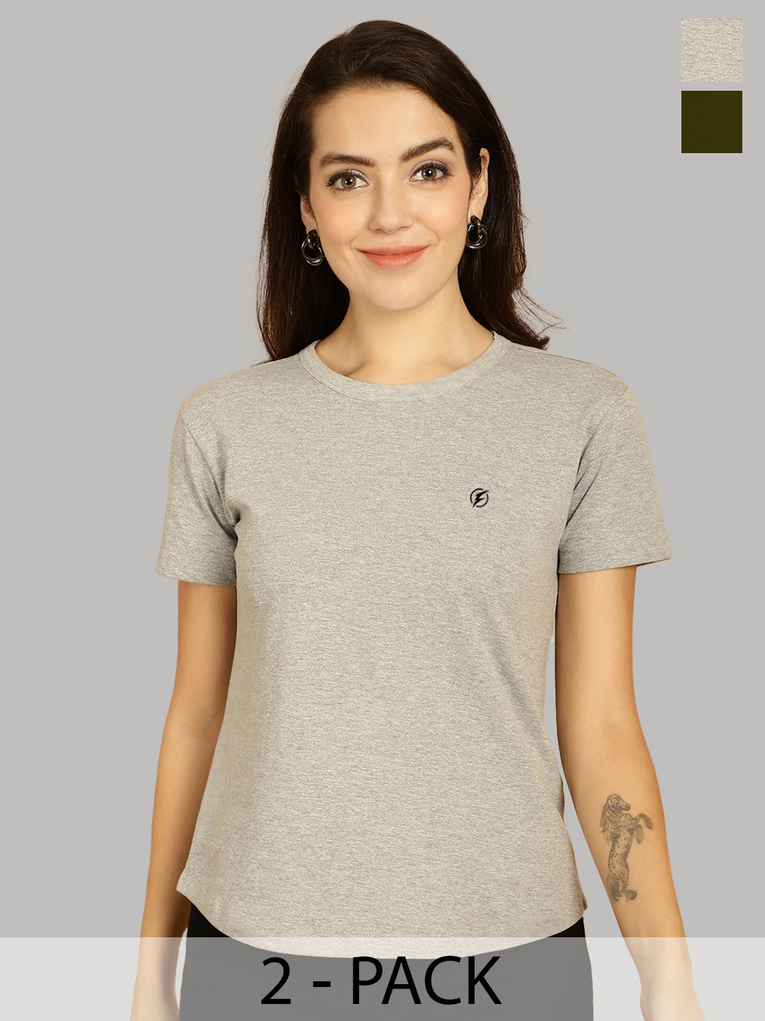 

Friskers Women Grey & Olive Green 2 Slim Fit T-shirt